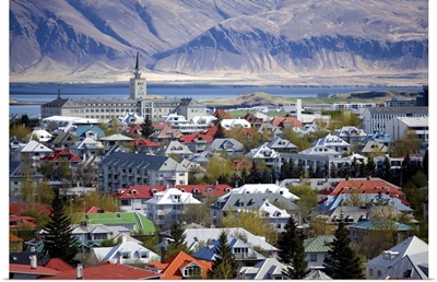 View over Reykjavik with mountains looming in the distance, Reykjavik, Iceland