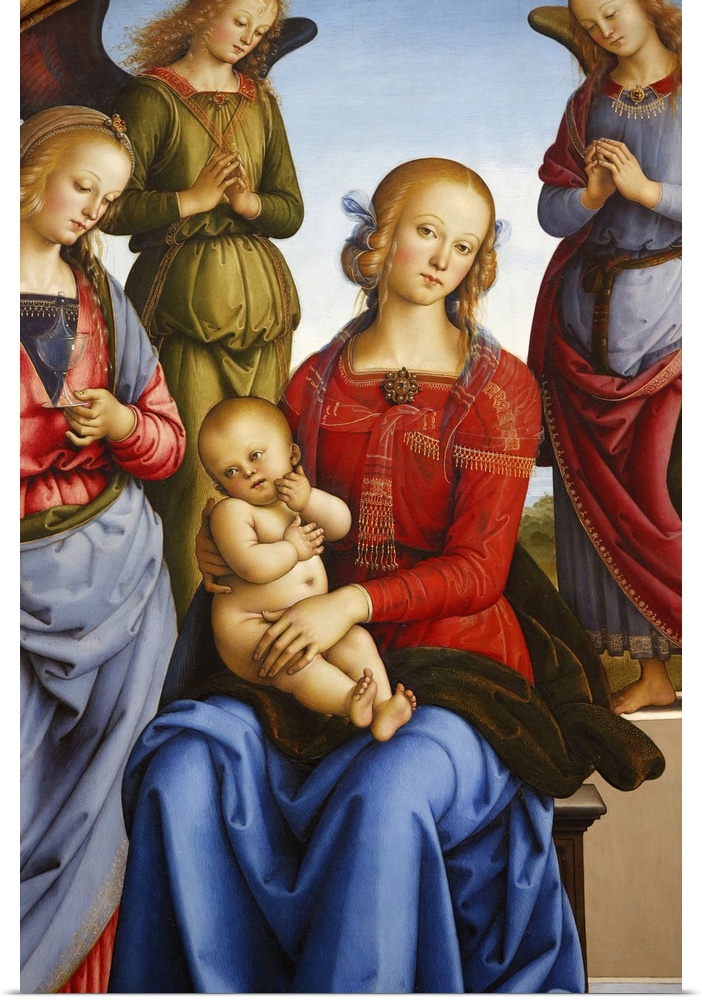 Virgin with Child flanked by two angels by Pietro Vannucci, painted 1490, Pais, France, Europe.