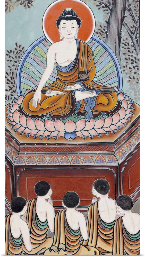 Wall painting depicting scenes from the Life of the Buddha, Seoul, South Korea, Asia.