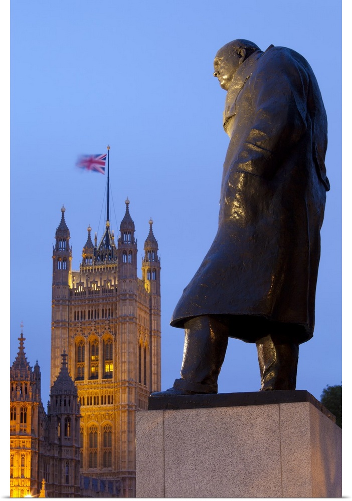 Winston Churchill statue and Parliament at night, London, England, UK