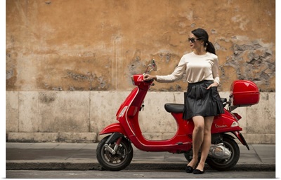 Young Woman Waiting By Vespa Moped, Rome, Lazio, Italy