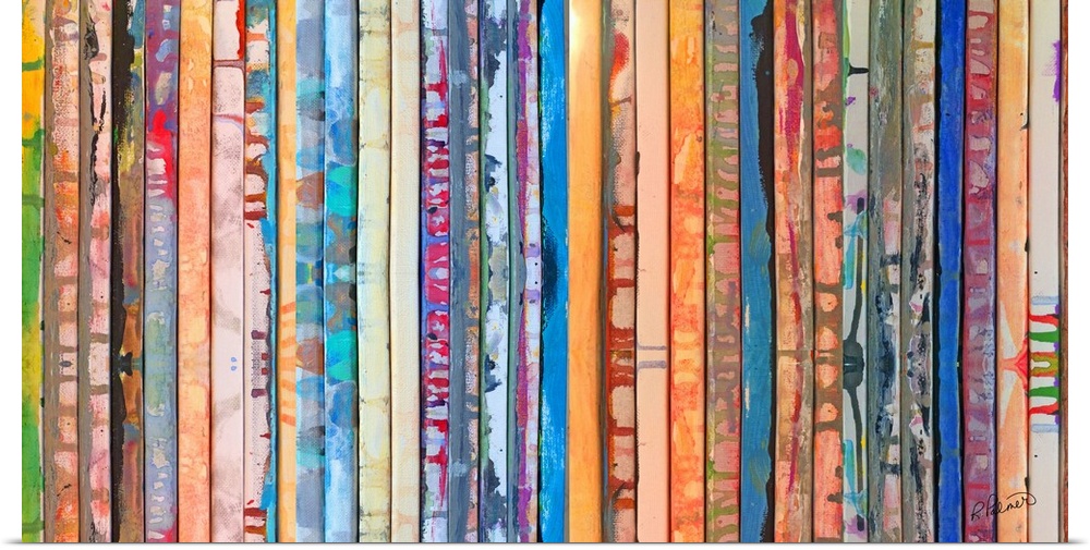 Contemporary abstract painting of slatted bars with vibrant colors.