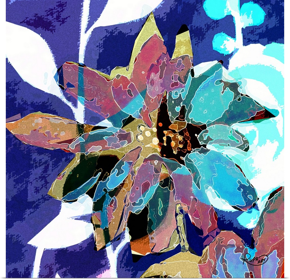 Square abstract art of a big flower created with white lines and a patched on color look in shades of blue.