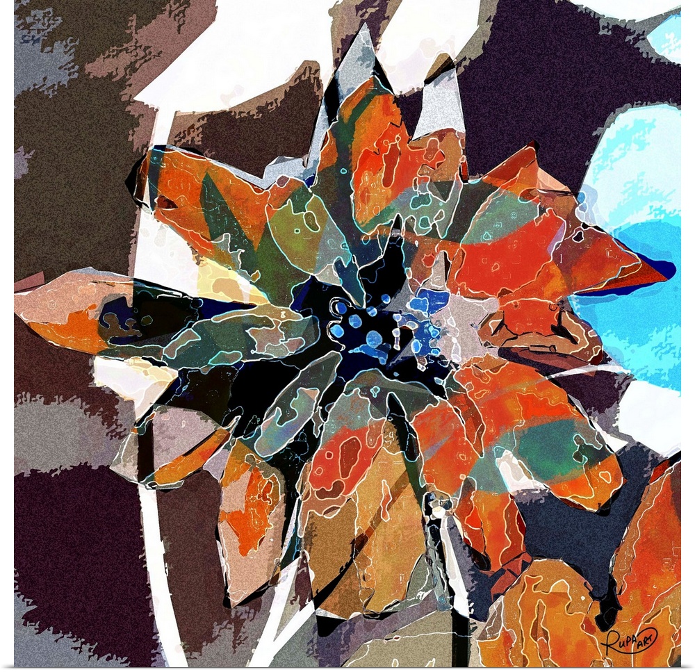 Square abstract art of a big flower created with white lines and a patched on color look.