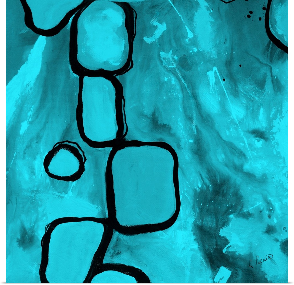 Contemporary abstract painting using aqua blue and bold lined organic shapes.