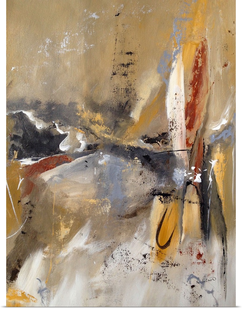 Contemporary abstract painting in neutral colors, with broad brushstrokes.