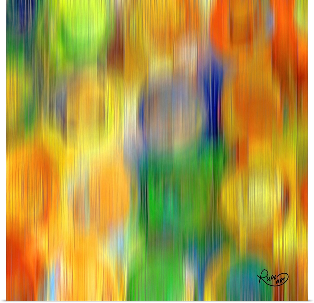 Square abstract art with bleeding vertical lines of color with faint circles behind them.