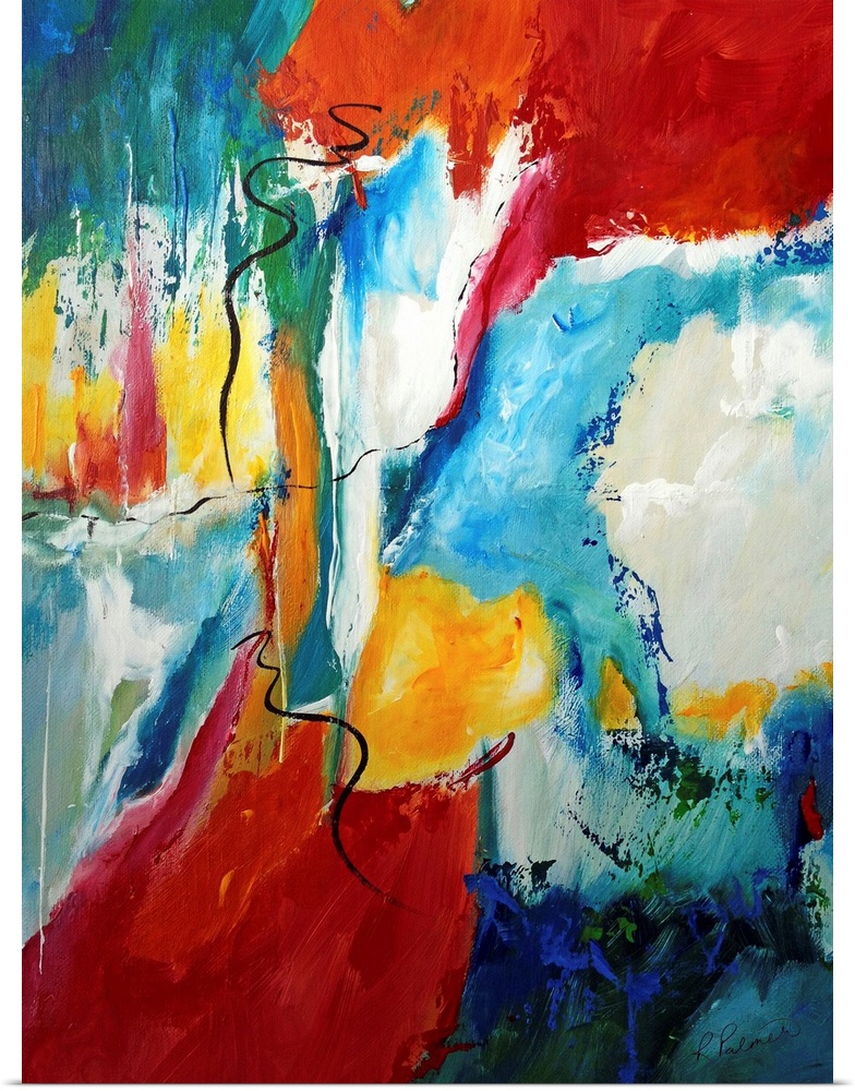 Vertical abstract painting of splashes of bright colors with dark brush stroke scribbled over top.