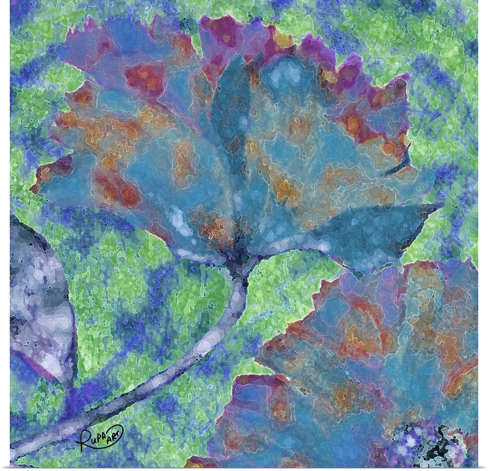 Square abstract art with a floral print made out of curvy white lines and filled in with watercolor-like colors.