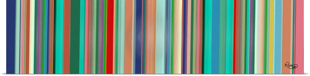 Panoramic art with colorful vertical lines.