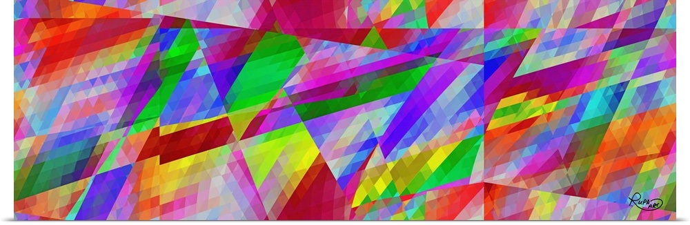 Contemporary digital art of abstract shapes in neon rainbow colors.