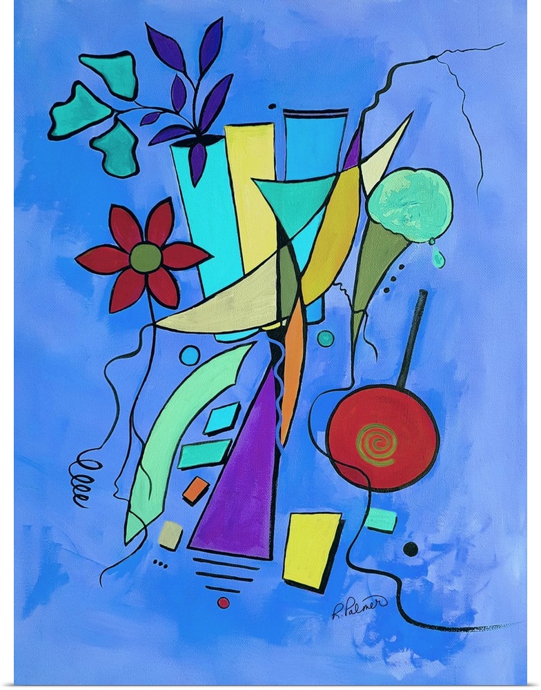 An abstract painting of vases of flowers with ice cream and candy on a blue background.