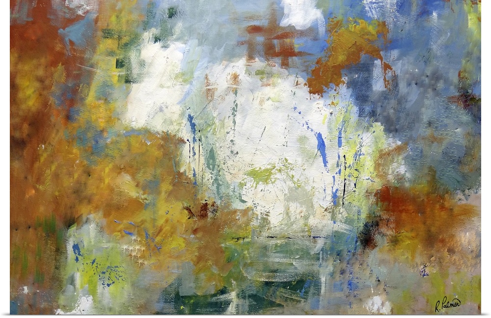 Oversized, horizontal abstract painting of mixed brushstroke techniques and splatters in multi-colored patches.