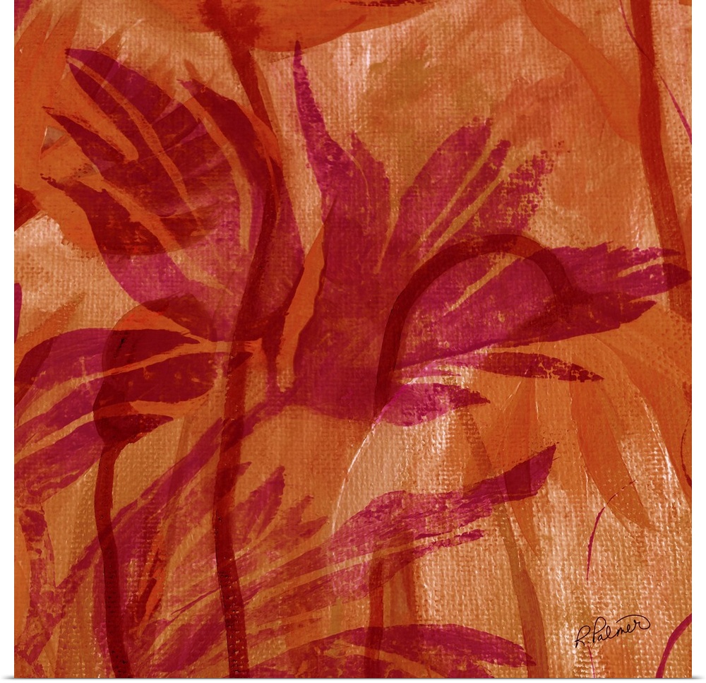 Square decorative painting of pink silhouettes of Fall foliage on an orange background.