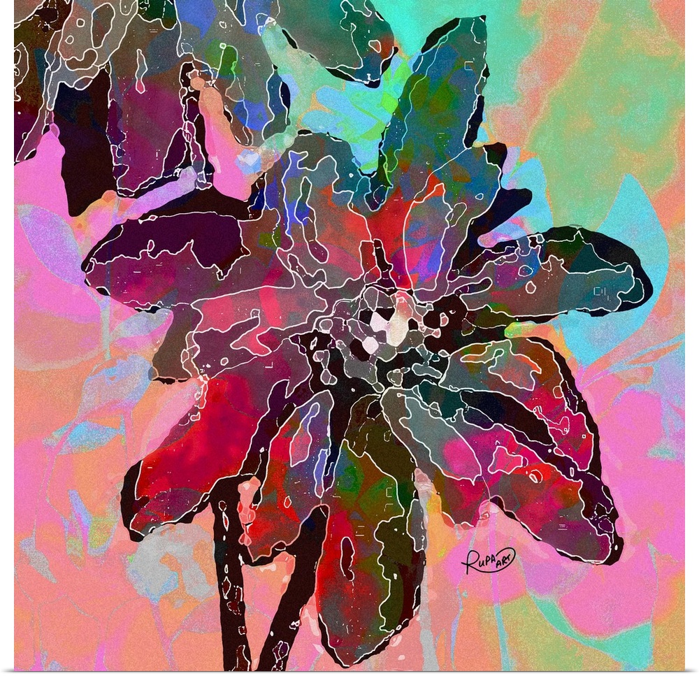 Square abstract art of flowers made up of patches of different dark colors on a pastel colored background.