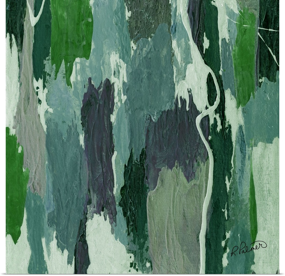 Square abstract painting with thick vertical brushstrokes in shades of green.
