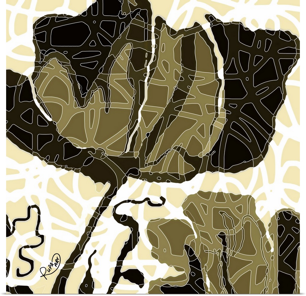 Square abstract art of a large black and brown flower with white outlined designs on top.