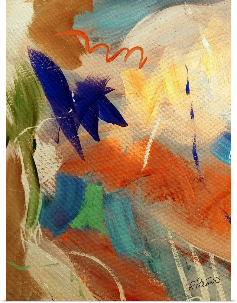Abstract painting with sporadic brushstrokes in orange, blue, green, and yellow hues with a royal blue design on top that ...