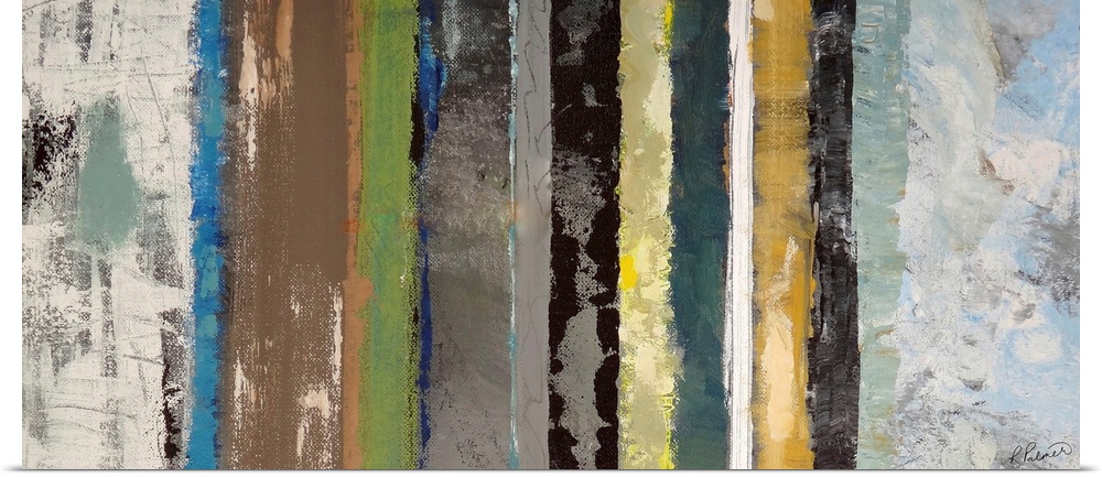 Grunge contemporary art featuring varying vertical lines of colors with a distressed look.
