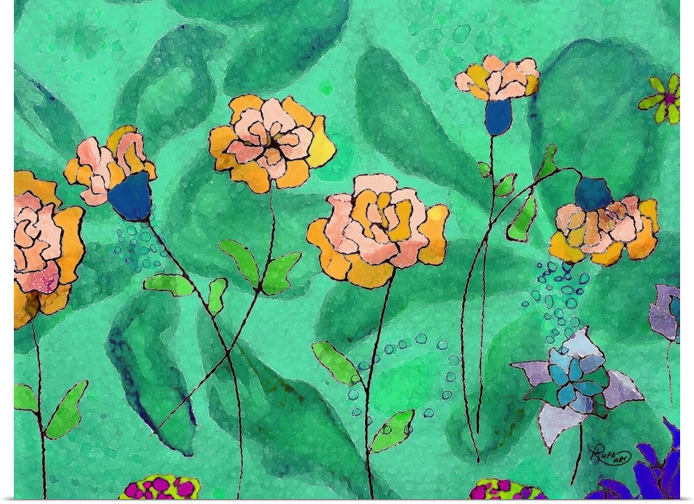 Contemporary abstract art that has pink and orange flowers on green background that has a large, faint, flower design.