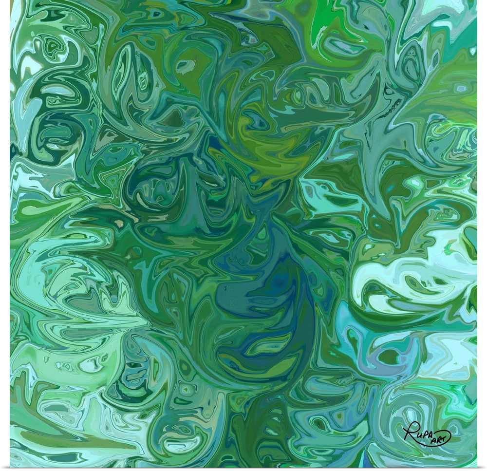 Square abstract art with shades of blue and green swirls combined together resembling an ocean ripple.