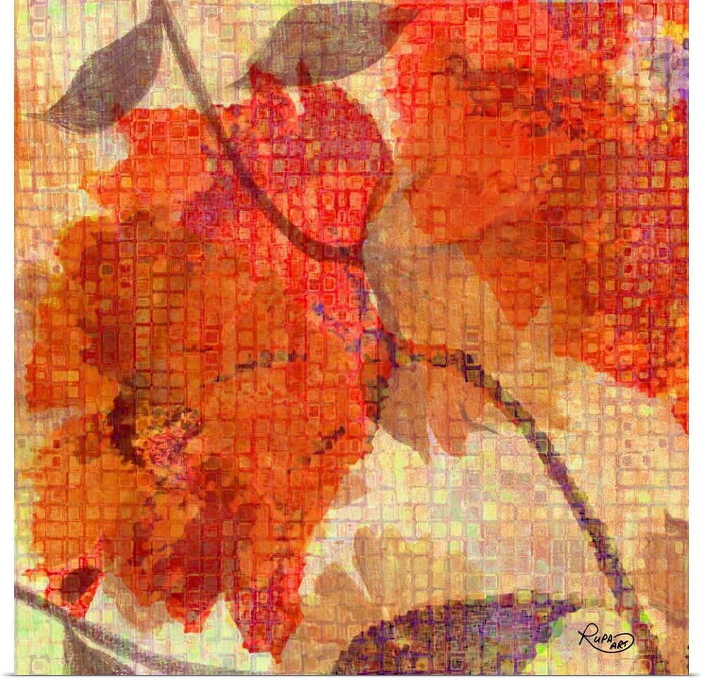 Digital artwork of orange flowers with brown leaves with a mosaic tile effect.
