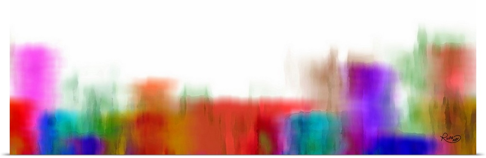 Contemporary digital artwork of blurred color blocks in purple, red, and blue on white.