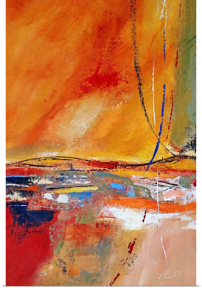 Contemporary abstract painting with colorful dashes of paint over a warm, textured background.