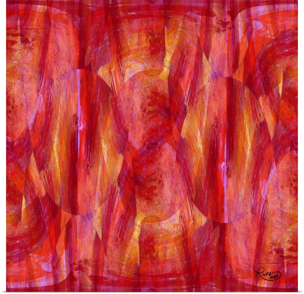 Square abstract artwork in shades of bright pink and yellow with circular shapes.