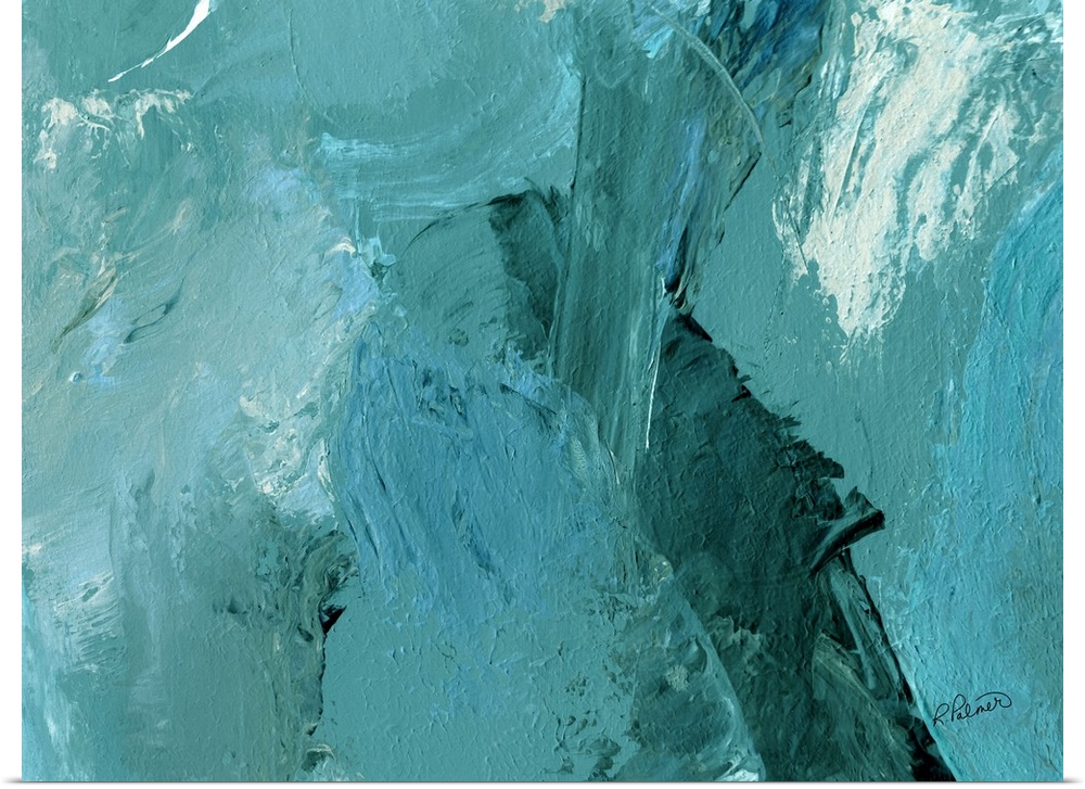 Abstract painting with layers of teal and hints of white.