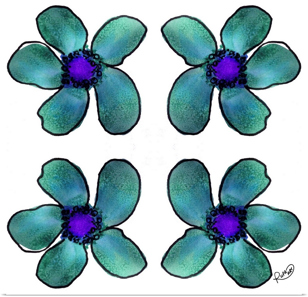 Square watercolor painting of four teal flowers.