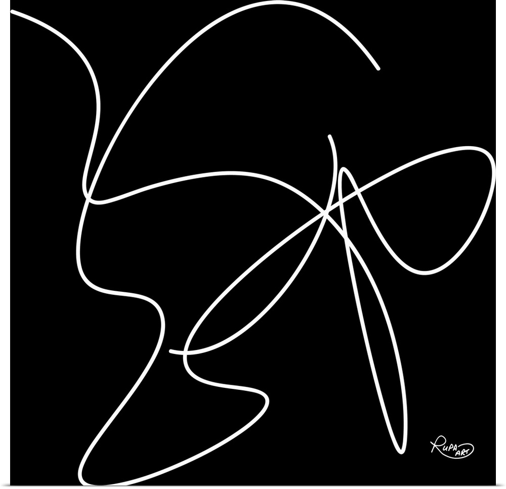 Minimalist contemporary art of a white swirling line on black.