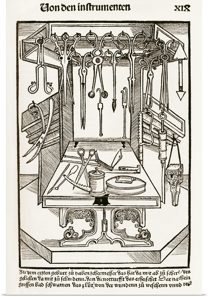 15th century surgical equipment. Historical artwork titled 'Armamentarium', showing surgical instruments and an operating ...