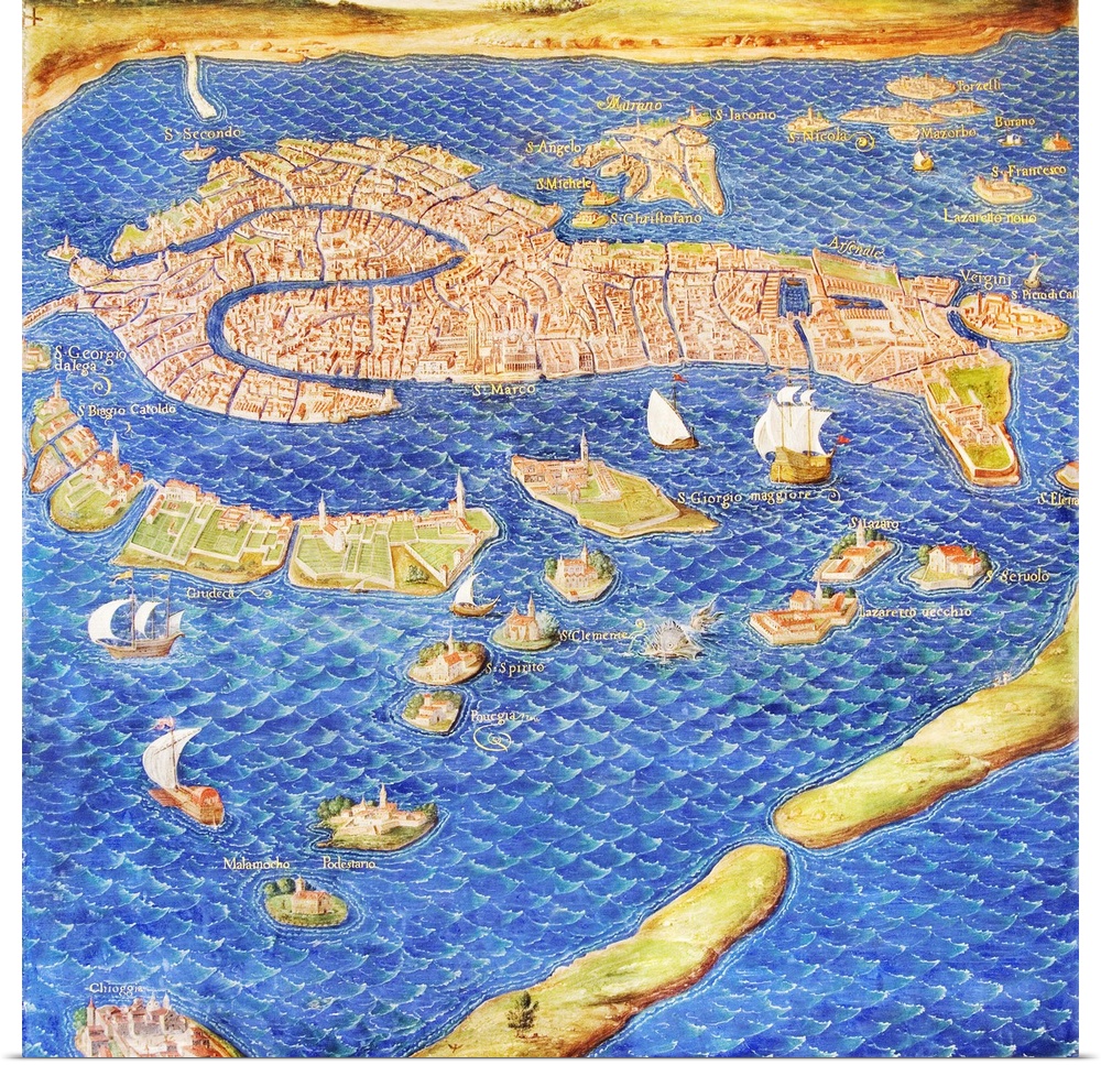 16th century map of Venice showing the lagoon. Venice is a coastal city in the north-east of Italy. The main bulk of Venic...