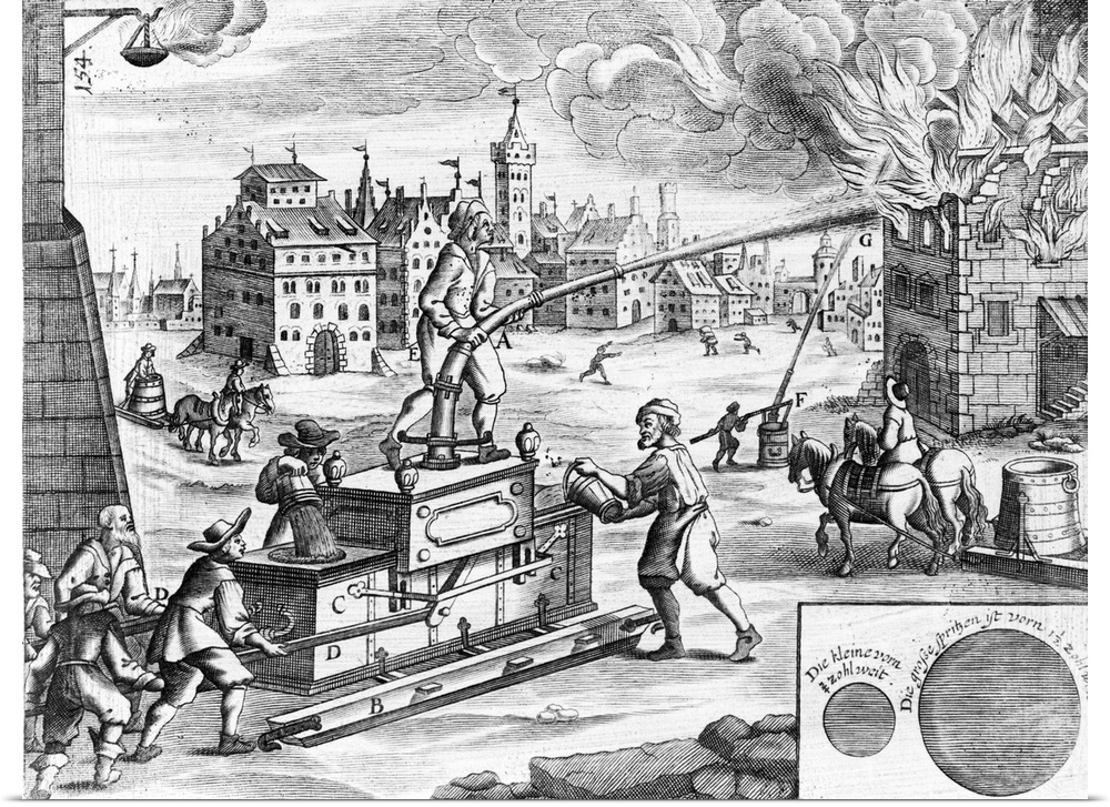 17th Century fire fighting. Historical artwork of men operating a water pump during a 17th Century building fire. Publishe...