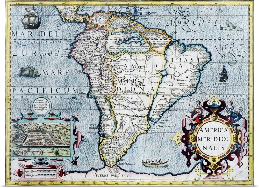 South America, 17th century Dutch map. This shows the new continent that was being discovered by European explorers. The s...