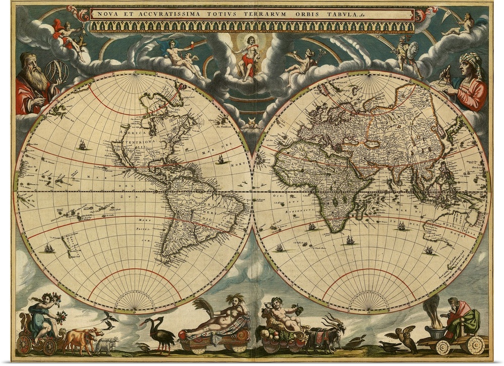 World map, published around 1664 in Amsterdam, the Netherlands, by Dutch mapmaker Joan Blaeu (c.1599- 1673). The Latin tit...