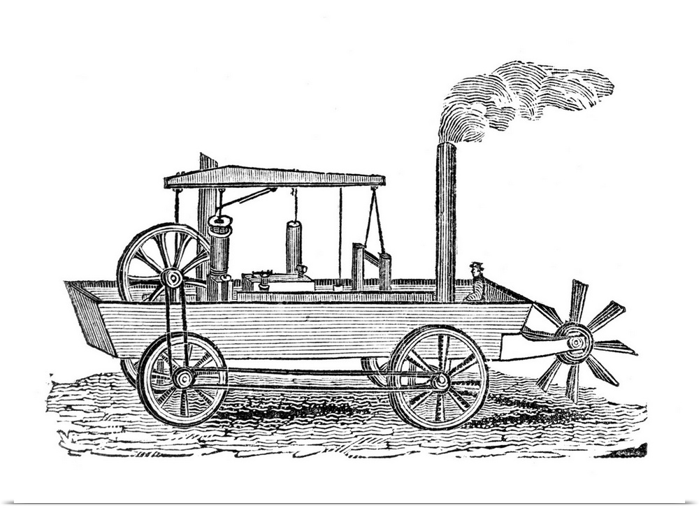 19th Century amphibious vehicle, artwork. Historical wood engraving of a 19th Century steam-powered amphibious carriage an...