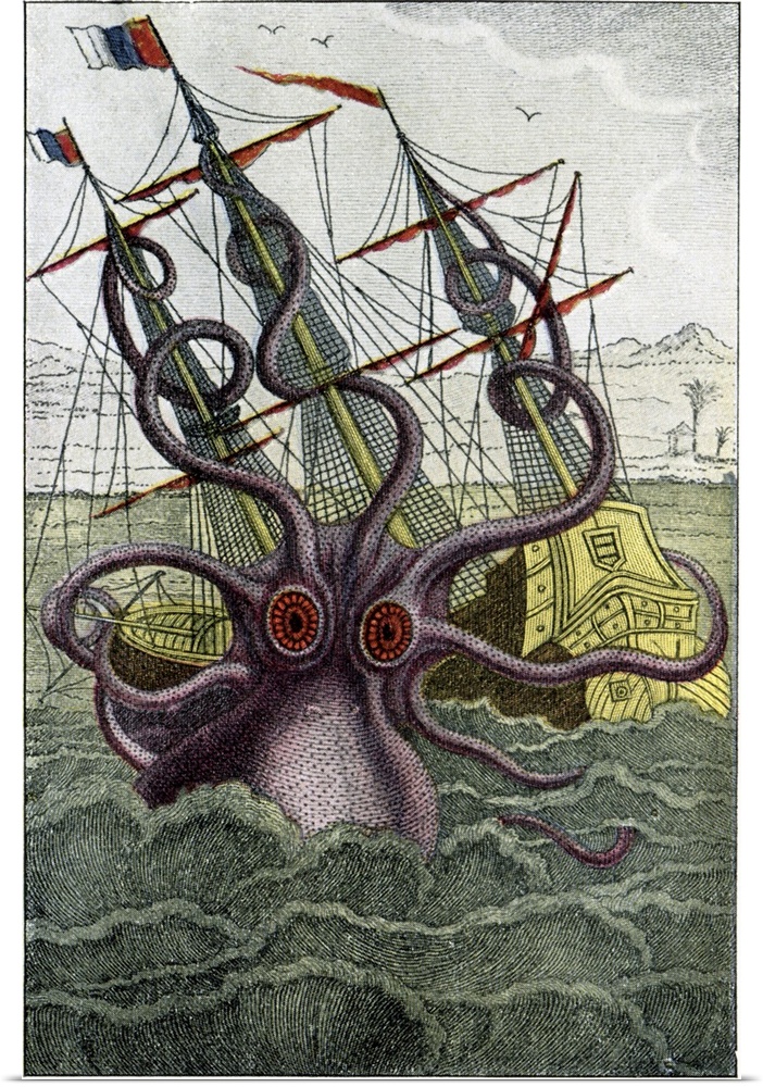 16th Century French engraving. Historical coloured print of a mythical giant squid (Kraken) attacking a ship, from 'Histoi...