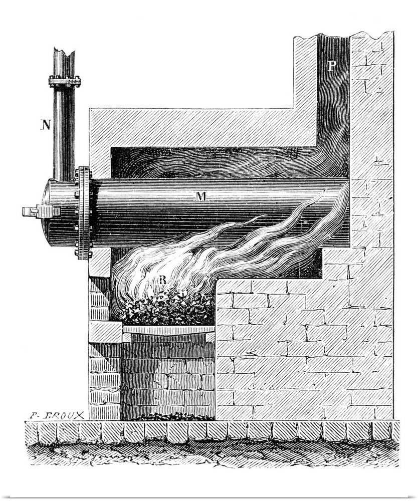 19th Century furnace for gas lighting. Historical artwork showing a coal-fired furnace designed by the Scottish engineer W...