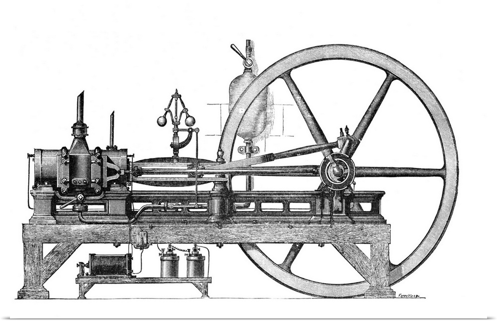 19th Century internal combustion engine. Historical artwork of a three-horsepower internal combustion engine designed and ...
