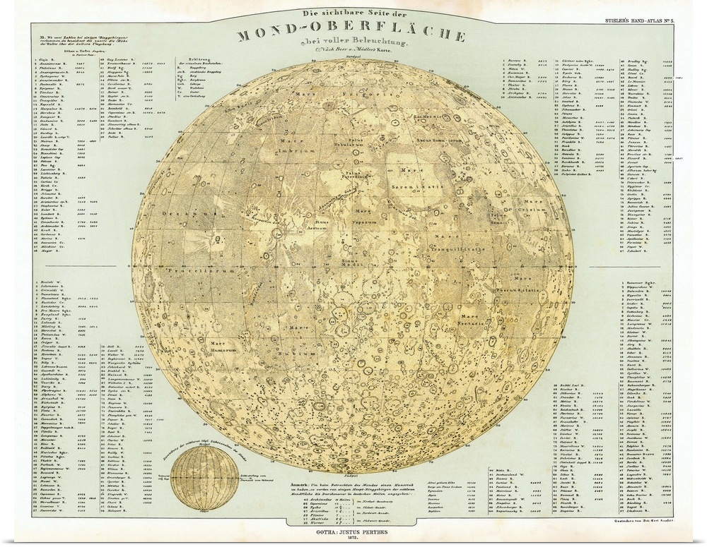 Map of the Moon. Published in 1872, this lunar map uses the work of the German astronomers Wilhelm Beer (1797-1850) and Jo...