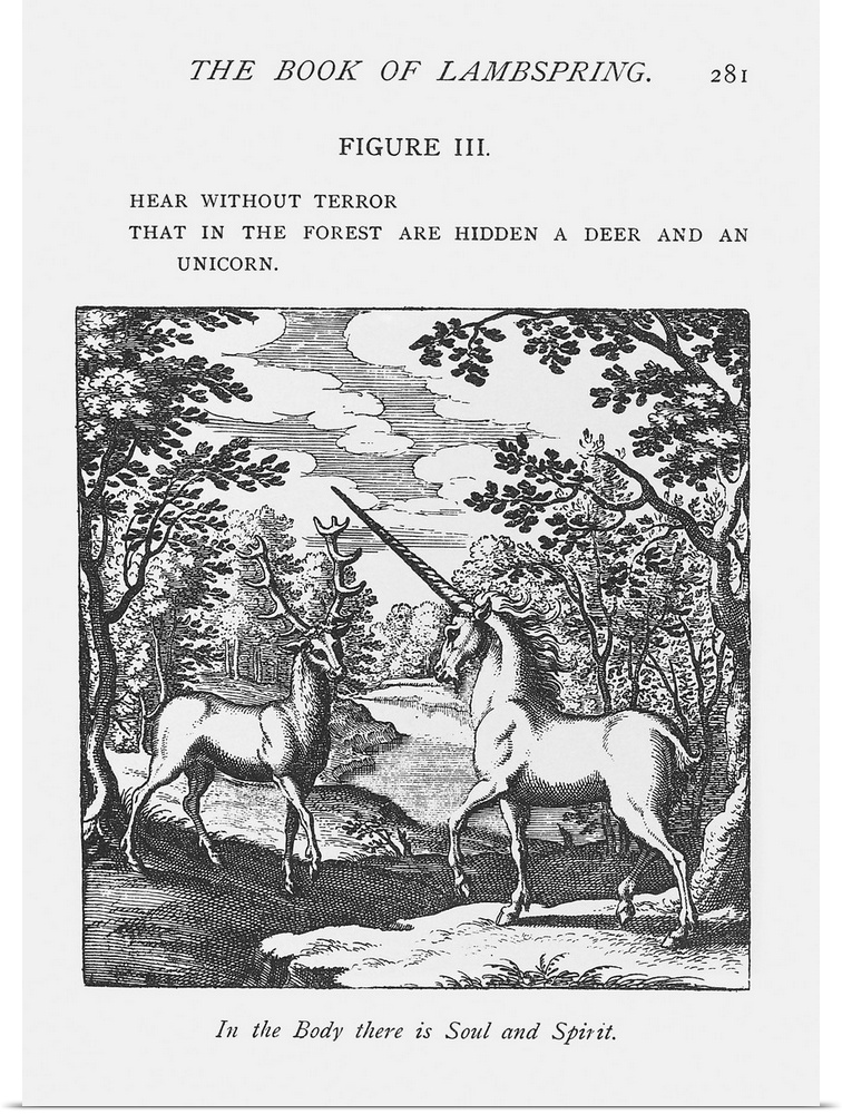 Alchemy. Historical artwork from The Book of Lambspring (1749 edition) of a meeting between a deer and a unicorn in a wood...