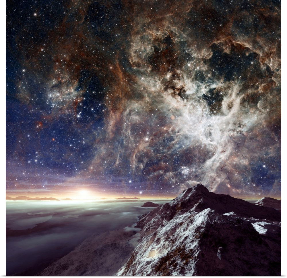Alien planet and nebula. Computer illustration of a view across the rocky surface of an alien planet with its star (bright...