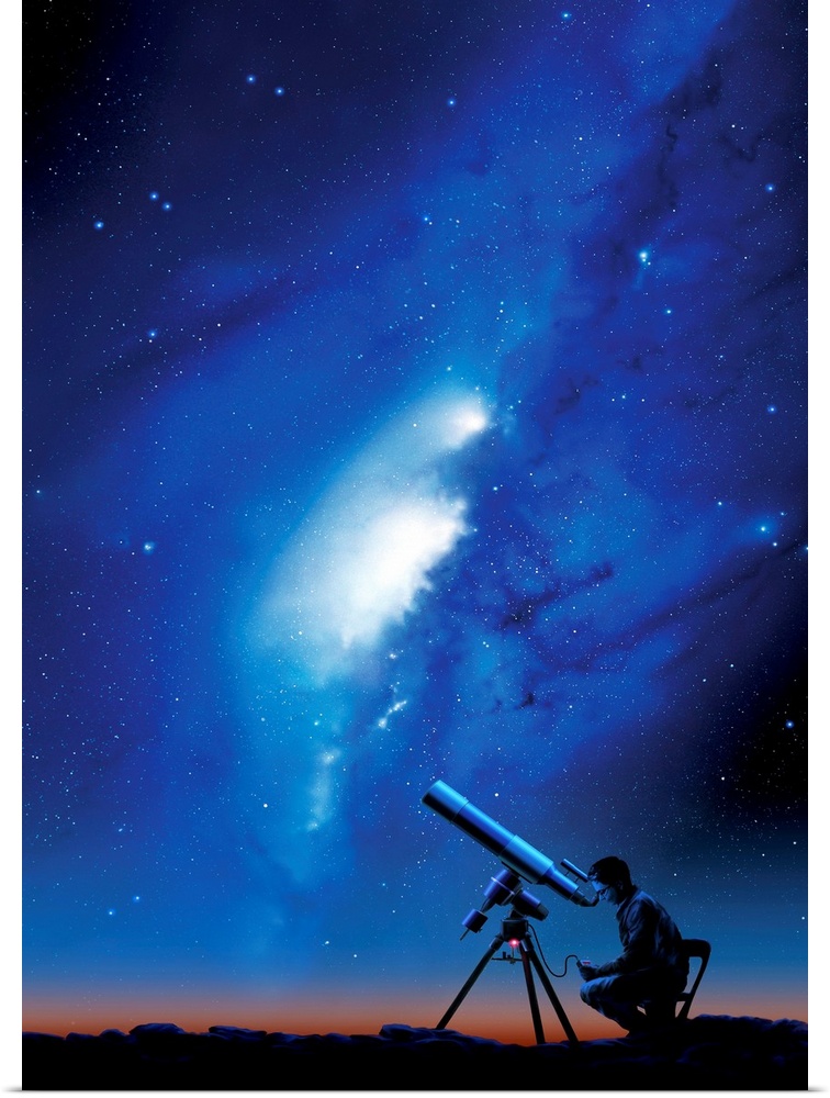 Amateur astronomy. Computer artwork of a silhouetted amateur astronomer using a telescope to view the Milky Way. The Milky...