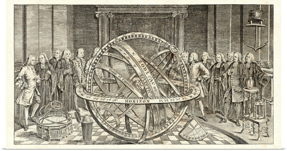 Armillary sphere. 18th Century artwork of men looking at an armillary sphere. This astronomical device shows the circles o...