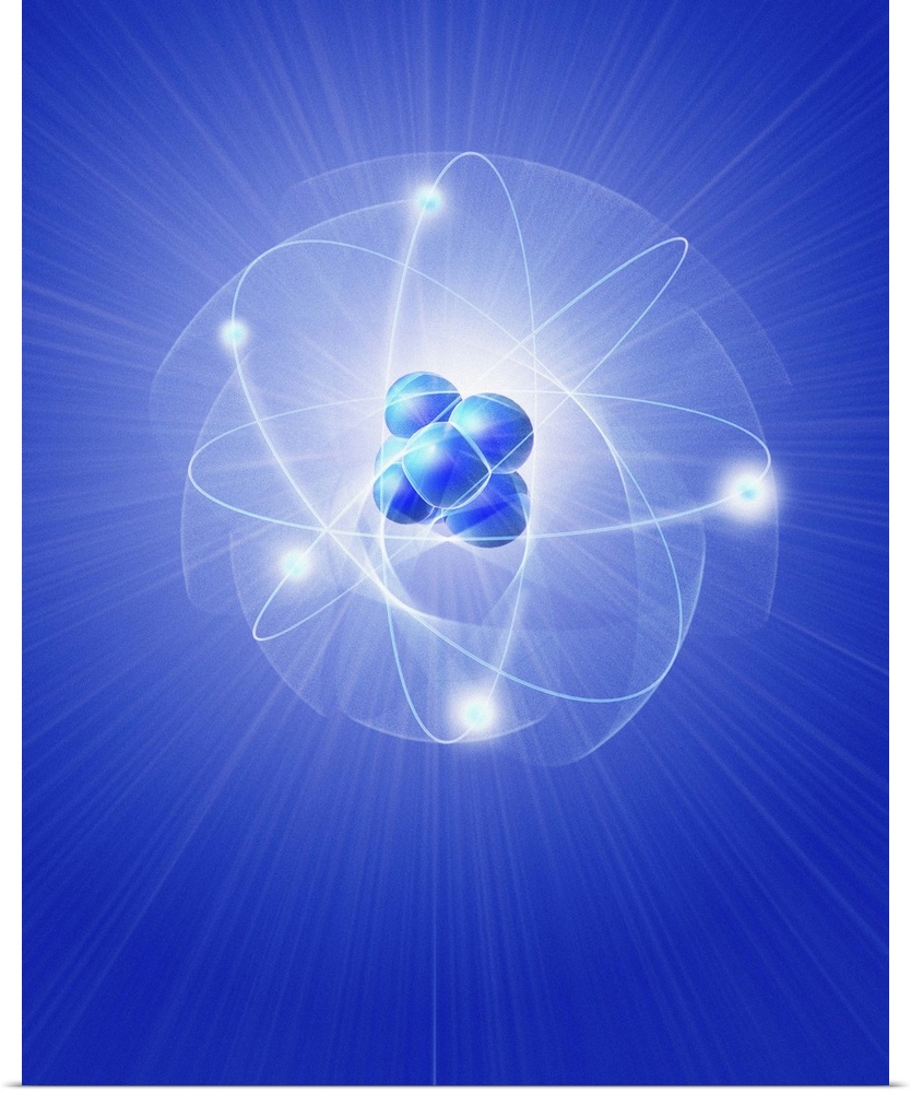 Atomic structure. Conceptual computer artwork of five electrons orbiting a central nucleus. This is a classical schematic ...