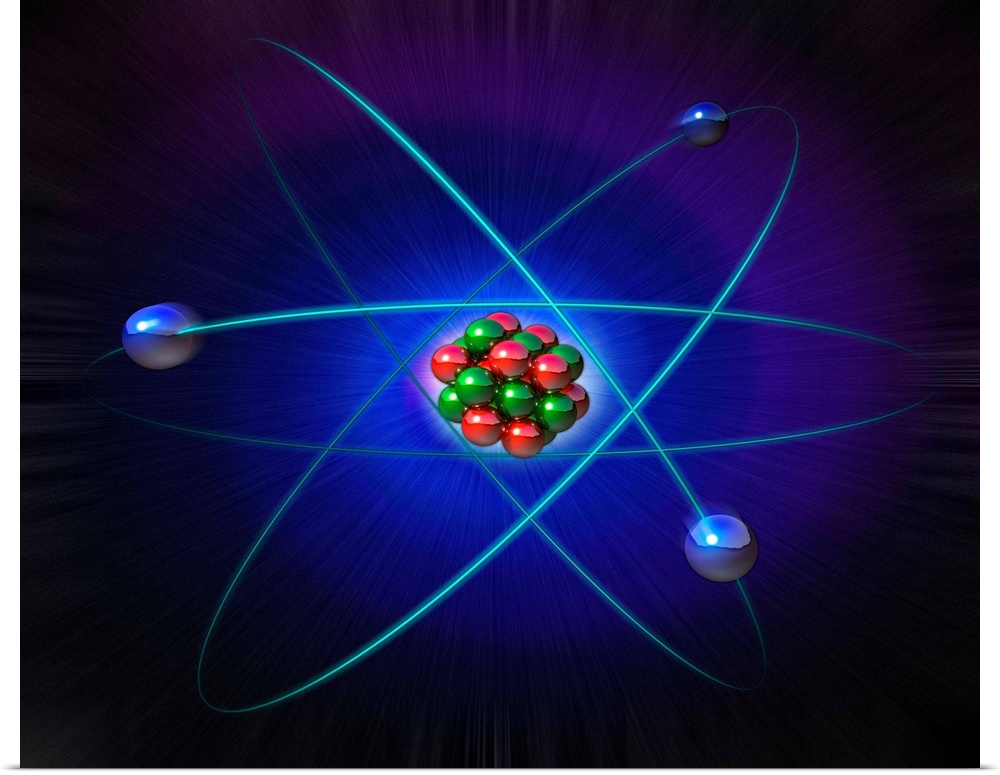 Atomic structure. Conceptual computer artwork of atomic structure. Three electrons (blue) are seen orbiting the central nu...