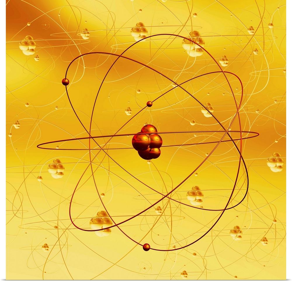 Atomic structure. Computer artwork of electrons orbiting a central nucleus. This is a classical schematic Bohr model of an...