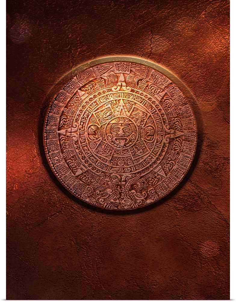 Aztec Sun Stone, computer artwork. This carved stone is also known as the Aztec Calendar Stone.